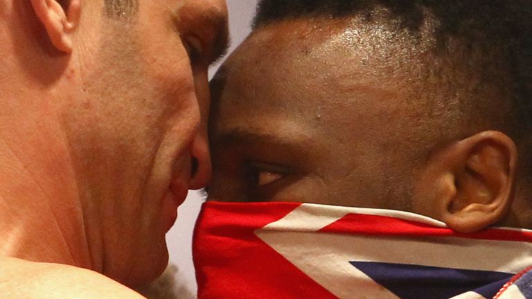 Heavyweight boxers Vitali Klitschko of Ukraine (x) and Dereck Chisora of the UK pose for the media during the weigh in for their upcoming WBC heavyweight title fight at Karstadt Sports shopping center on February 17, 2012 in Munich, Germany. *** Local Caption *** Vitali Klitschko; Dereck Chisora