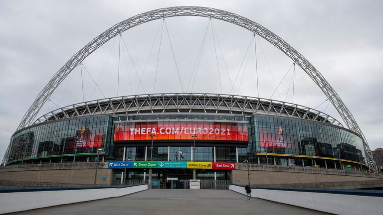 A general view Wembley Stadium on March 17, 2020 in London, England. Euro 2020 has been postponed by one year until 2021 because of the coronavirus pandemic. European football&#39;s governing body made the decision during an emergency video conference involving major stakeholders on Tuesday.