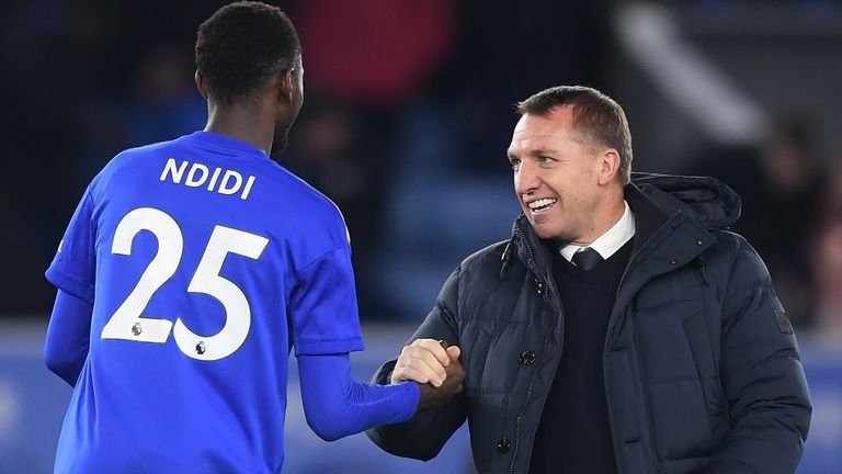 Brendan Rodgers, Manager of Leicester City celebrates with Wilfred Ndidi of Leicester City following the FA Cup Third Round match between Leicester City and Wigan Athletic at The King Power Stadium on January 04, 2020 in Leicester