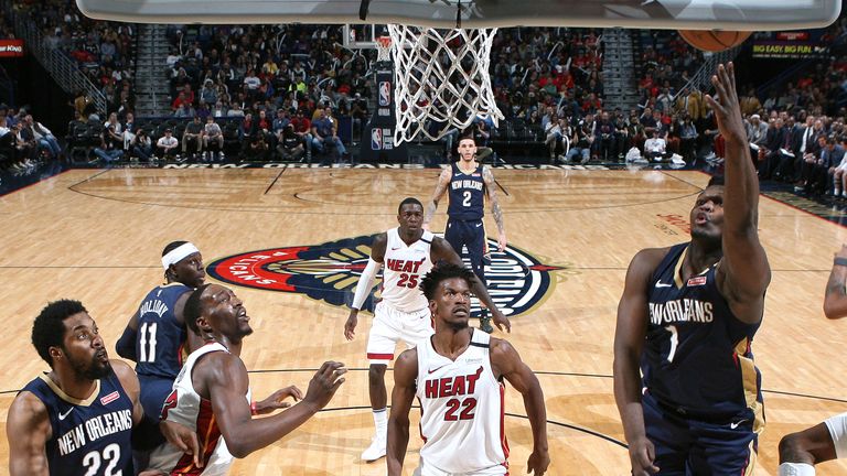 Zion Williamson of the New Orleans Pelicans shoots the ball against the Miami Heat