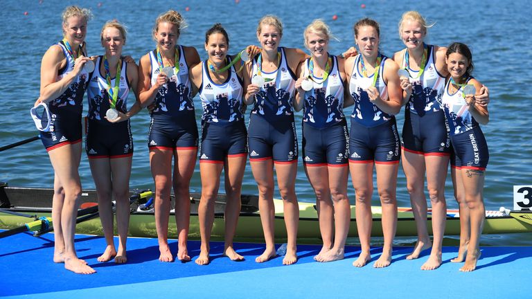 Great Britain's Katie Greves, Melanie Wilson, Frances Houghton, Polly Swann, Jessica Eddie, Olivia Carnegie-Brown, Karen Bennett and Zoe Lee celebrate with their Silver Medals in the Women's Eight final on the eighth day of the Rio Olympics Games, Brazil. Picture date: Saturday August 13, 2016. Photo credit should read: Mike Egerton/PA Wire. EDITORIAL USE ONLY