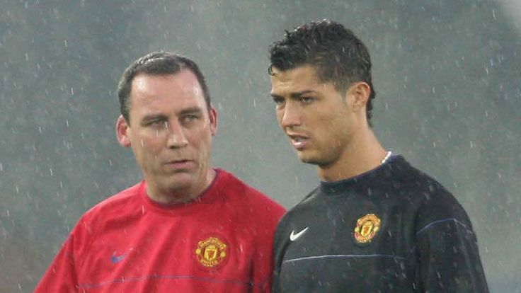 YOKOHAMA, JAPAN - DECEMBER 17:  Cristiano Ronaldo and Rene Meulensteen of Manchester United in action during a First Team Training Session ahead of the World Club Cup at Yokohama International Stadium on December 17 2008 in Yokohama, Japan. (Photo by John Peters/Manchester United via Getty Images) 