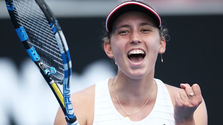 Elise Mertens of Belgium celebrates winning match point in her singles final match against Monica Niculescu of Romania during the 2017 Hobart International at Domain Tennis Centre on January 14, 2017 in Hobart, Australia.