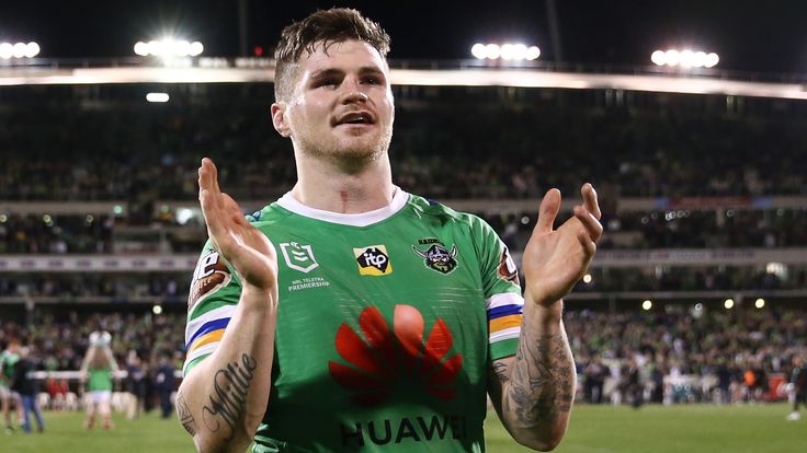 John Bateman of the Raiders celebrates at full time following the NRL Preliminary Final match between the Canberra Raiders and the South Sydney Rabbitohs at GIO Stadium on September 27, 2019 in Canberra, Australia.