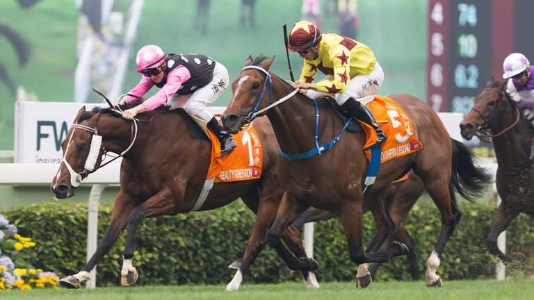 Jockey Vincent Ho riding Southern Legend (Number 5) wins the FWD Champions Mile from Beauty Generation