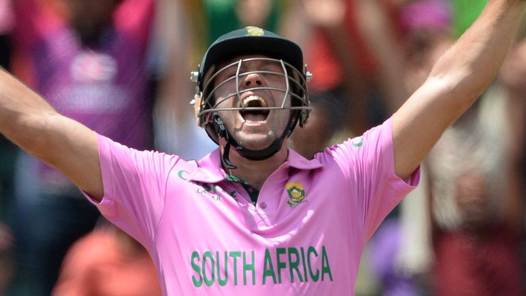 JOHANNESBURG, SOUTH AFRICA - JANUARY 18: AB de Villiers of South Africa celebrates the fastest century off just 31 balls during the 2nd Momentum ODI between South Africa and West Indies at Bidvest Wanderers Stadium on January 18, 2015 in Johannesburg, South Africa. (Photo by Duif du Toit/Gallo Images)