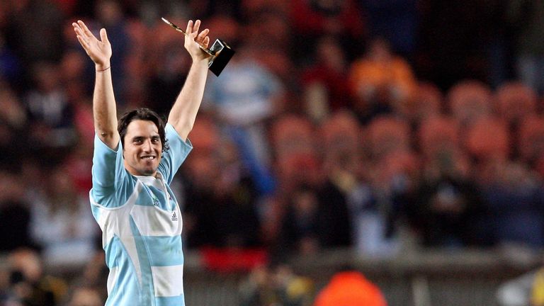 Argentina's scrum-half and captain Agustin Pichot celebrates after the rugby union World Cup third place final match France vs. Argentina,