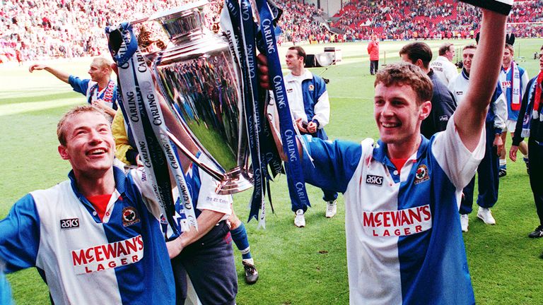 Blackburn strike force of Alan Shearer (and Chris Sutton hoist the Premier League trophy in 1995