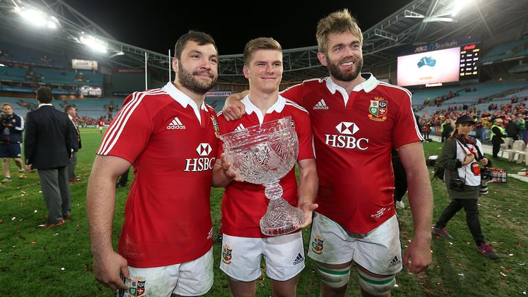 Rugby Union - 2013 British and Irish Lions Tour - Third Test - Australia v British and Irish Lions - ANZ Stadium
British and Irish Lions' Alex Corbisiero, Owen Farrell and Geoff Parling (left to right) celebrate victory with the trophy, after the game