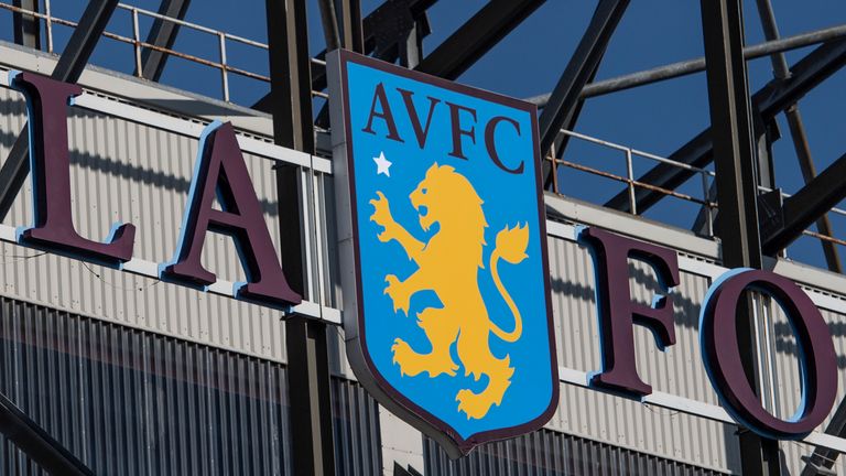 BIRMINGHAM, ENGLAND - MARCH 23: Aston Villa club crest featuring the The Rampant Lion of Scotland hallmark on the side of the Trinity Road Stand at Villa Park, home of Aston Villa FC on March 23, 2020 in Birmingham, United Kingdom. (Photo by VISIONHAUS)