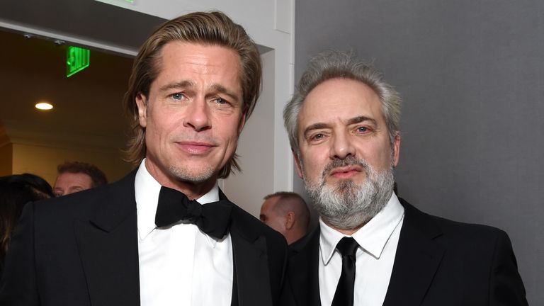  Brad Pitt and Sam Mendes attend the 77th Annual Golden Globe Awards at The Beverly Hilton Hotel on January 05, 2020 in Beverly Hills, California