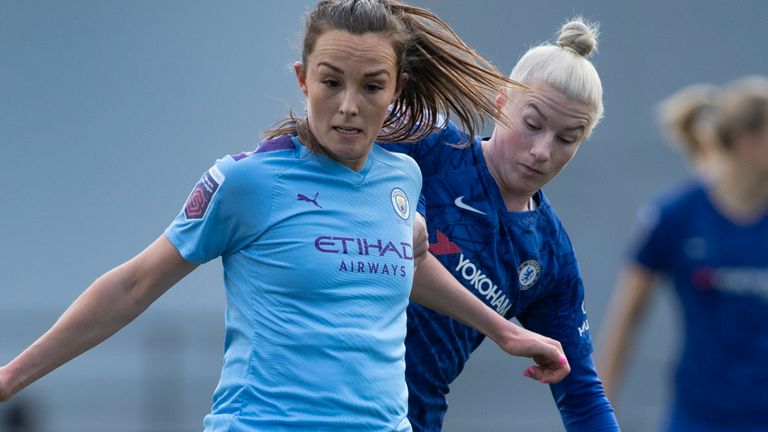 MANCHESTER, ENGLAND - FEBRUARY 23: Bethany England of Chelsea in action during the Barclays FA Women&#39;s Super League match between Manchester City and Chelsea at The Academy Stadium on February 23, 2020 in Manchester, United Kingdom. (Photo by Visionhaus) *** Local Caption *** Bethany England