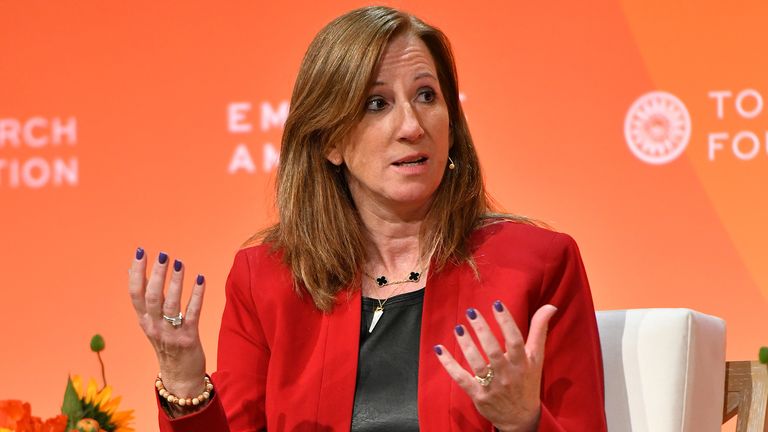 WNBA commissioner Cathy Engelbert in conversation during a 2020 media event