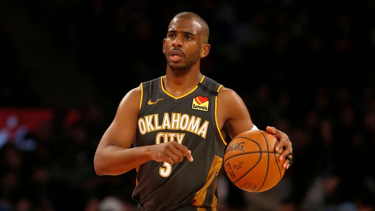 Chris Paul #3 of the Oklahoma City Thunder in action against the New York Knicks at Madison Square Garden on March 06, 2020 in New York City. 