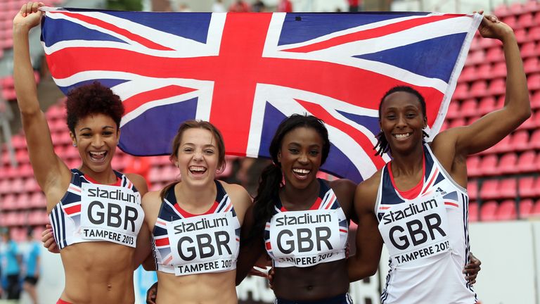 TAMPERE, FINLAND - JULY 14: Jodie Williams, Rachel Johncock, Annie Tagoe and Corinne Humphreys of Great Britain celebrate silver in the Women's 4x100m Relay during day four of The European Athletics U23 Championships 2013 on July 14, 2013 in Tampere, Finland. (Photo by Ian MacNicol/Getty Images)
