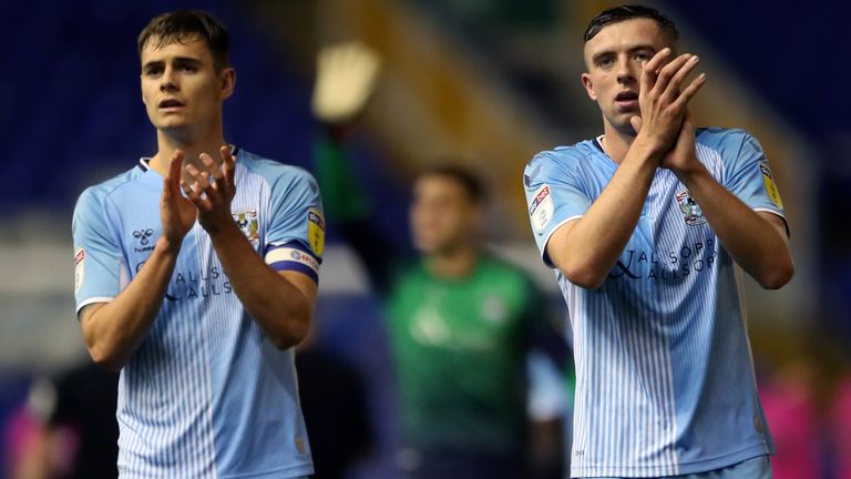 Coventry City's Jordan Shipley (right) and Coventry City Captain Michael Rose celebrates at end after 2-1 win over Rochdale during the Sky Bet League One match at St Andrews Trillion Trophy Stadium, Birmingham. 16 November 2019