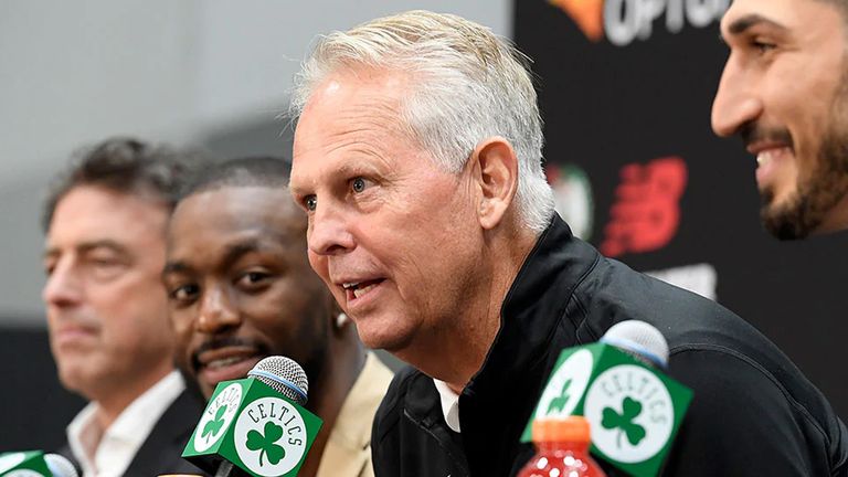 Celtics president of basketball operations Danny Ainge introduces Kemba Walker and Enes Kanter