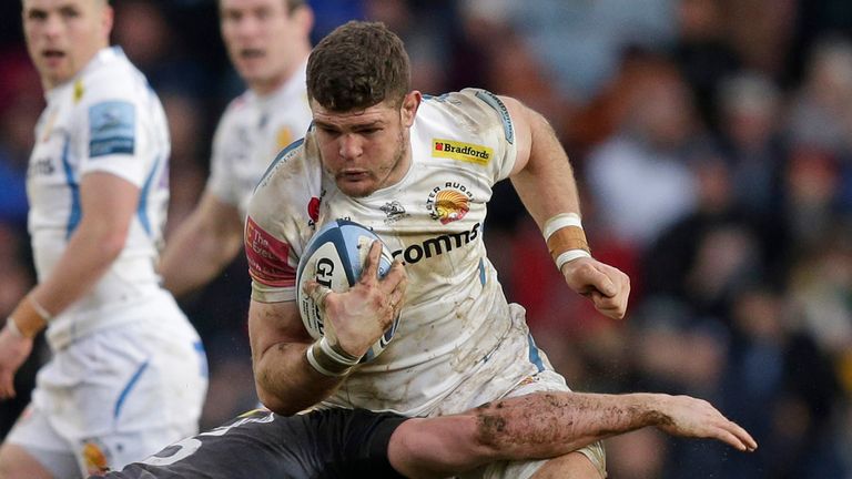 Dave Ewers of Exeter Chiefs is tackled by Matt Symons of Harlequins during the Gallagher Premiership Rugby match between Harlequins and Exeter Chiefs at Twickenham Stoop on February 29, 2020 in London, England. (Photo by Henry Browne/Getty Images) *** Local Caption ***Dave Ewers;Matt Symons