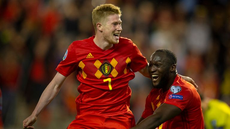BRUSSELS, BELGIUM - JUNE 11: Kevin De Bruyne of Belgium celebrates after scoring a goal with Romelu Lukaku of Belgium during the 2020 UEFA European Championships group I qualifying match between Belgium and Scotland at King Baudouin Stadium on June 11, 2019 in Brussels, Belgium. (Photo by Frank Abbeloos/Isosport/MB Media/Getty Images)