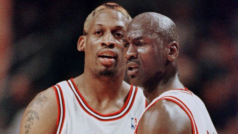 Dennis Rodman and Michael Jordan in action for the Chicago Bulls