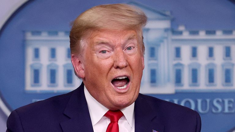 U.S. President Donald Trump answers questions in the press briefing room with members of the White House Coronavirus Task Force April 3, 2020 in Washington, DC. 