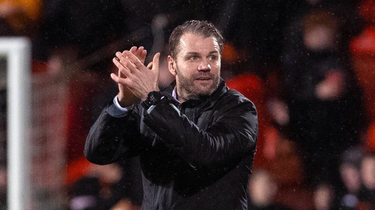 Dundee United manager Robbie Neilson applauds home support at full time during the Ladbrokes Championship match against Inverness Caledonian Thistle
