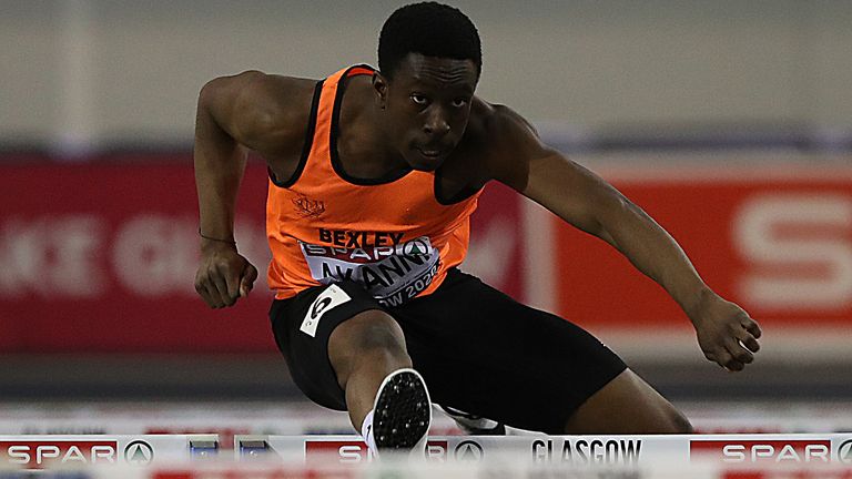 GLASGOW, SCOTLAND - FEBRUARY 22: Ethan Akanni of Bexley competes in the heats of the Men's 60m Hurdles during day one of The Spar British Indoor Championships at Emirates Arena on February 22, 2020 in Glasgow, Scotland. (Photo by Ian MacNicol/Getty Images)