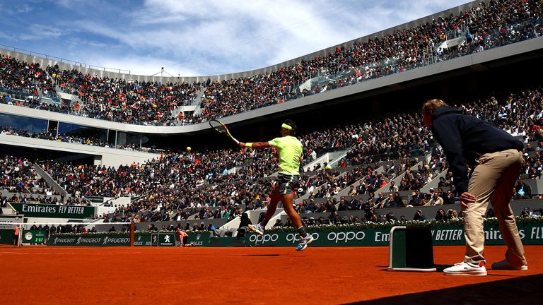 A general view as Rafael Nadal of Spain plays a forehand during his mens singles semi-final match against Roger Federer of Switzerland during Day thirteen of the 2019 French Open at Roland Garros on June 07, 2019 in Paris, France