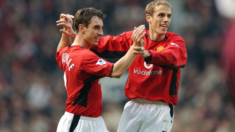 Brothers Gary and Phil Neville celebrate Man Utd's first goal of the match..Manchester United v West Ham United, Old Trafford, Manchester, 14/12/2002, Barclaycard Premiership