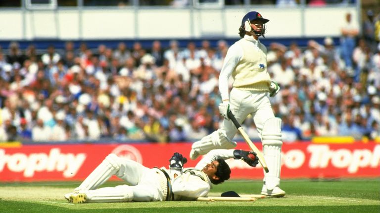 May 1986: Graeme Fowler of England is run out after a collision with team mate Mike Gatting during a match against India at the Kennington Oval in London. 