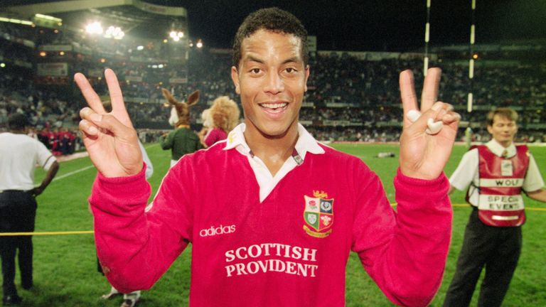 Lions hero Jeremy Guscott celebrates after his drop goal had given the Lions a 2-0 Series lead after the 2nd Test match between South Africa and British and Irish Lions at Kings Park on June 28, 1997 in Durban, South Africa.