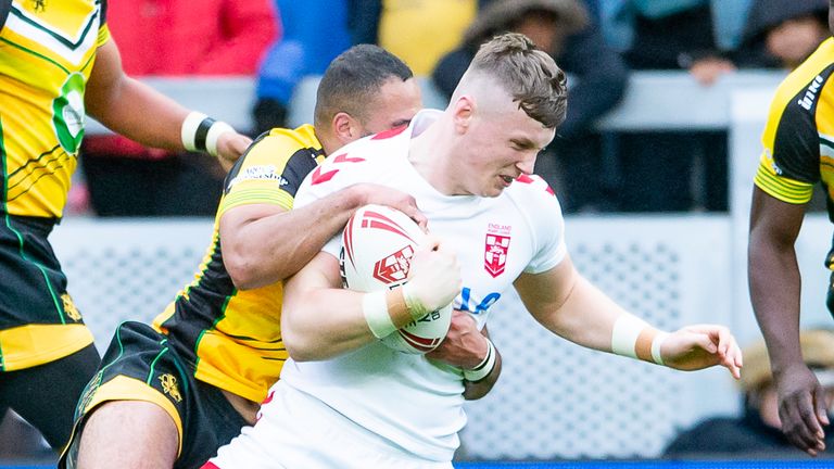 Picture by Allan McKenzie/SWpix.com - 20/10/2019 - Rugby League - Home International - England Knights v Jamaica - Emerald Headingley Stadium, Leeds, England - Harry Newman is tackled.