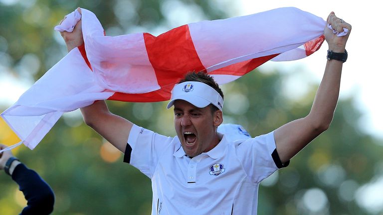 Ian Poulter of Engalnd and the European Team celebrates the famous victory after the Singles Matches for The 39th Ryder Cup at Medinah Country Club on September 30, 2012 in Medinah, Illinois.
