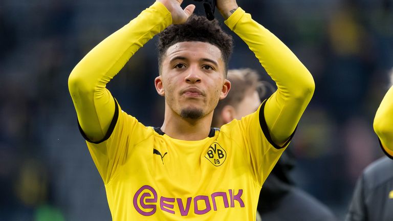 Jadon Sancho gestures during Borussia Dortmund&#39;s Bundesliga match against Sport-Club Freiburg