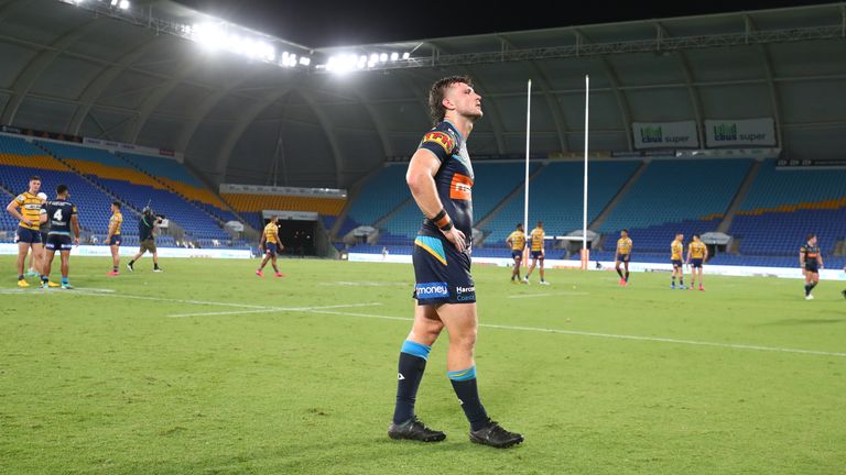 Jai Arrow of the Titans leaves the field during a NRL match between the Gold Coast Titans and thParramatta