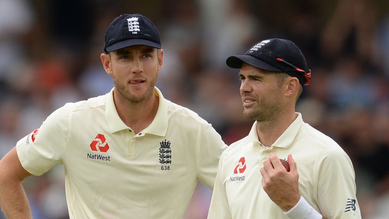 NOTTINGHAM, ENGLAND - AUGUST 20 : Stuart Broad and James Anderson of England talk during the third day of the 3rd Specsavers Test Match between England and India at Trent Bridge on August 20, 2018 in Nottingham England. (Photo by Philip Brown/Getty Images) *** Local Caption *** James Anderson; Stuart Broad