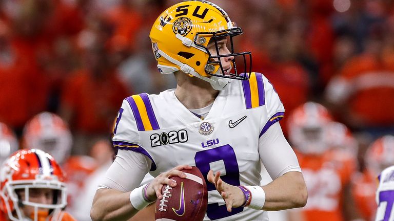 NEW ORLEANS, LA - JANUARY 13: Quarterback Joe Burrow #9 of the LSU Tigers on a pass play during the College Football Playoff National Championship game against the Clemson Tigers at the Mercedes-Benz Superdome on January 13, 2020 in New Orleans, Louisiana. LSU defeated Clemson 42 to 25. (Photo by Don Juan Moore/Getty Images) *** Local Caption *** Joe Burrow