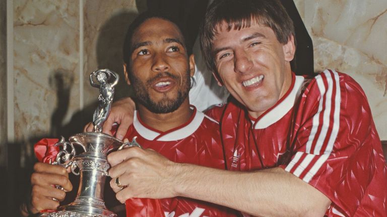 John Barnes and Peter Beardsley with the First Division trophy 