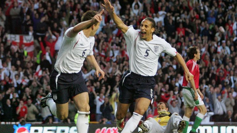 John Terry and Rio Ferdinand celebrate after the former's goal against Hungary in 1996