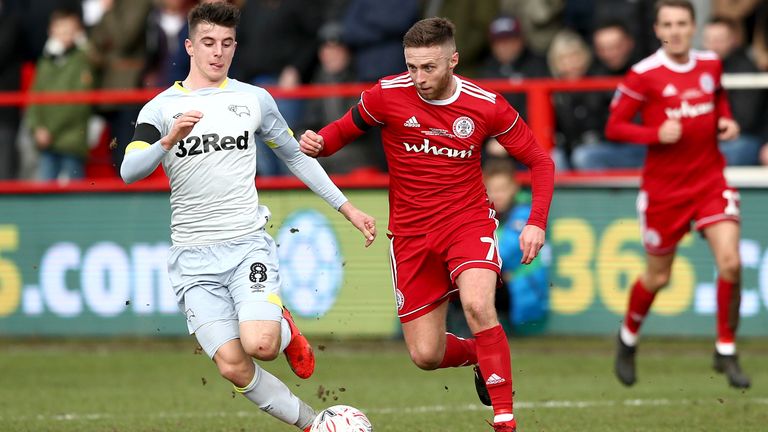 Jordan Clark during the FA Cup Fourth Round match between Accrington Stanley and Derby County at Wham Stadium on January 26, 2019 in Accrington, United Kingdom.