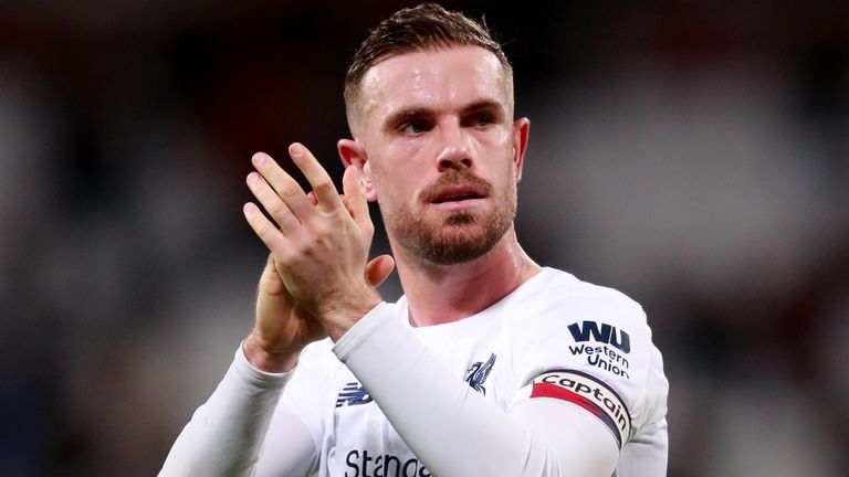 Liverpool's Jordan Henderson applauds the fans after the final whistle of the Premier League match at London Stadium. PA Photo. Picture date: Wednesday January 29, 2020. See PA story SOCCER West Ham. Photo credit should read: Adam Davy/PA Wire. RESTRICTIONS: EDITORIAL USE ONLY No use with unauthorised audio, video, data, fixture lists, club/league logos or "live" services. Online in-match use limited to 120 images, no video emulation. No use in betting, games or single club/league/player publications.