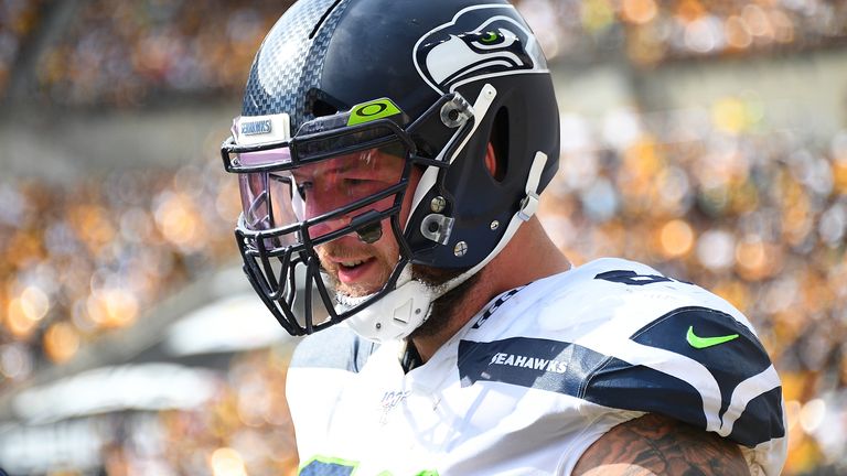 Justin Britt #68 of the Seattle Seahawks in action during the game against the Pittsburgh Steelers at Heinz Field on September 15, 2019 in Pittsburgh, Pennsylvania. 