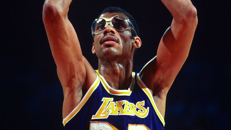 Kareem Abdul-Jabbar shoots a free throw for the Lakers