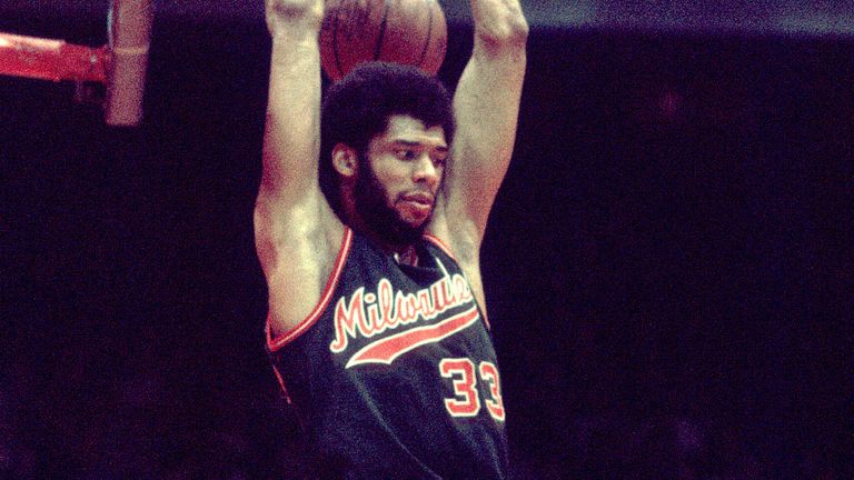 Kareem Abdul-Jabbar throws down a reverse dunk for the Milwaukee Bucks