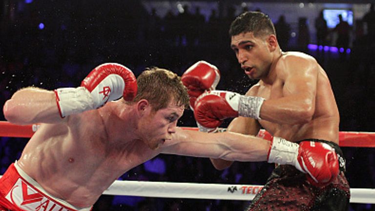 Saul Canelo Alvarez beats  Amir Khan in their WBC Middleweight Championship fight in 2016 in Las Vegas