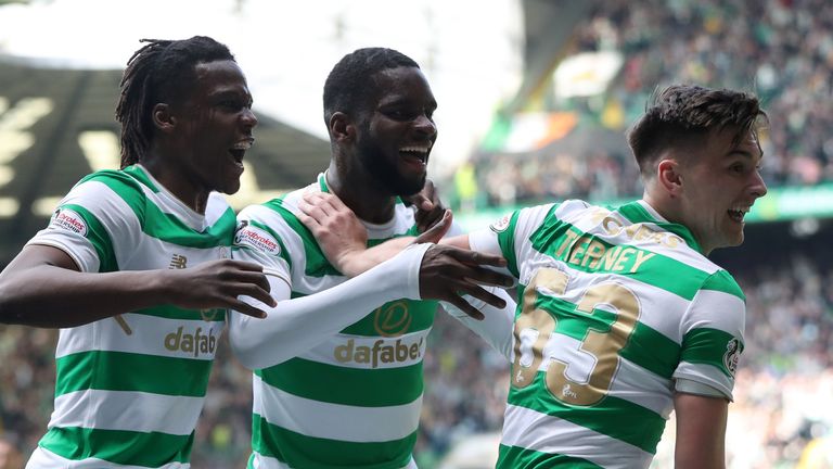 Kieran Tierney, right, and Edouard celebrate a goal against Rangers in 2018