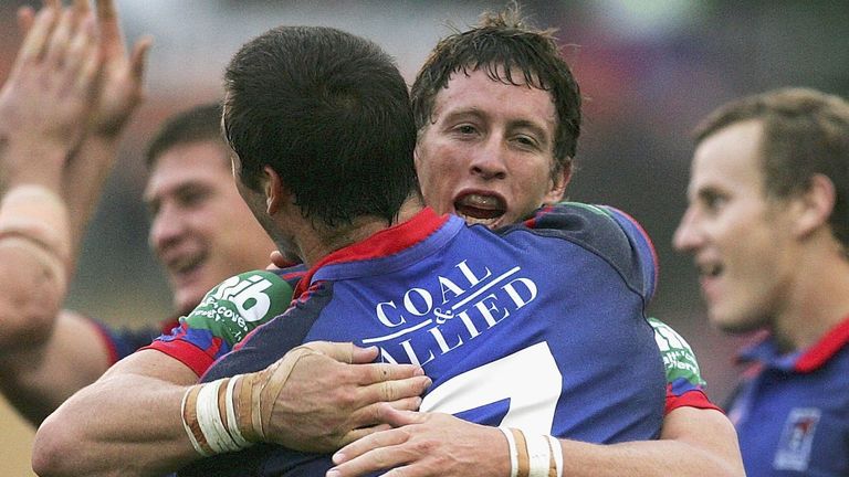 SYDNEY, NSW - MAY 14: Kurt Gidley and Andrew Johns of the Knights celebrate winning the round ten NRL match between the Wests Tigers and the Newcastle Knights at Campbelltown Stadium May 14, 2006 in Sydney, Australia. (Photo by Cameron Spencer/Getty Images)