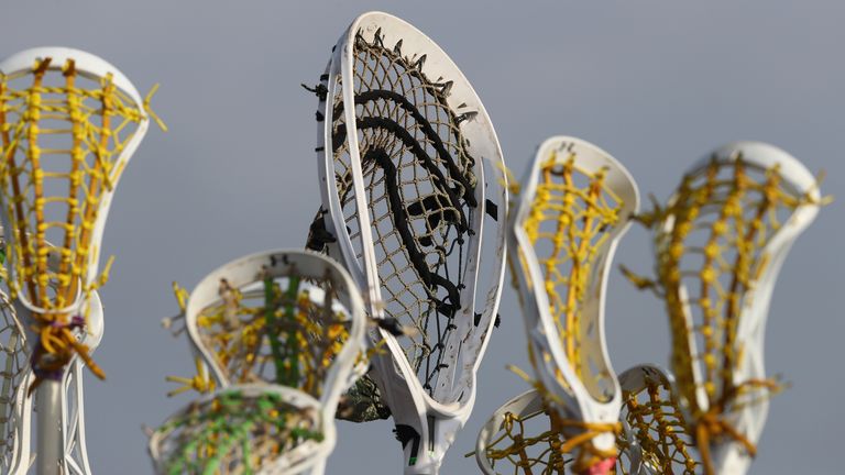 GUILDFORD, ENGLAND - JULY 19: Detail shot of lacrosse sticks of Wales players during the quarter final match between England and Wales during the 2017 FIL Rathbones Women's Lacrosse World Cup at Surrey Sports Park on July 19, 2017 in Guildford, England. (Photo by Michael Steele/Getty Images)
