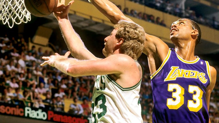 Boston Celtics Larry Bird up against the Los Angeles Lakers Kareem Abdul Jabbar in Game 5 of the 1987 NBA Finals                                                                               