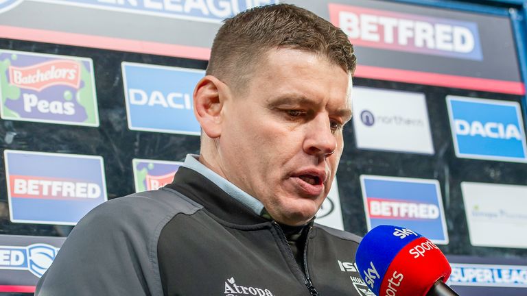 Picture by Allan McKenzie/SWpix.com - 07/02/2020 - Rugby League - Betfred Super League - Hull FC v Hull KR - KC Stadium, Kingston upon Hull, England - Lee Radford is interviewed post-match, Betfred, Sky, interview board, branding.